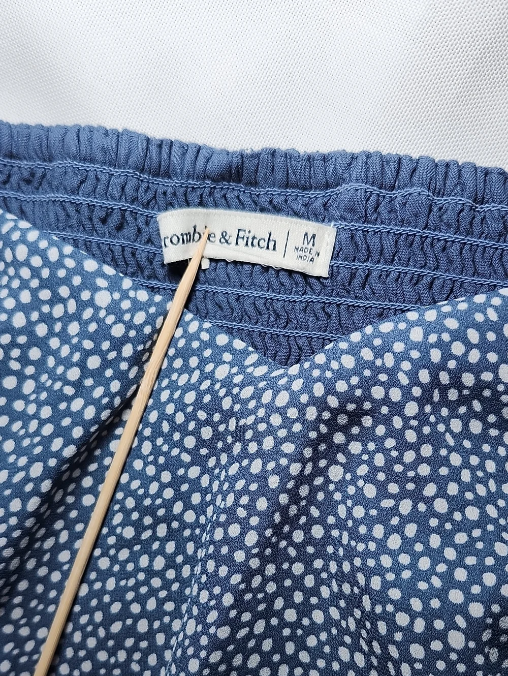 Abercrombie & Fitch Navy Puff-Sleeve Smocked Crop Top with White Dot Print